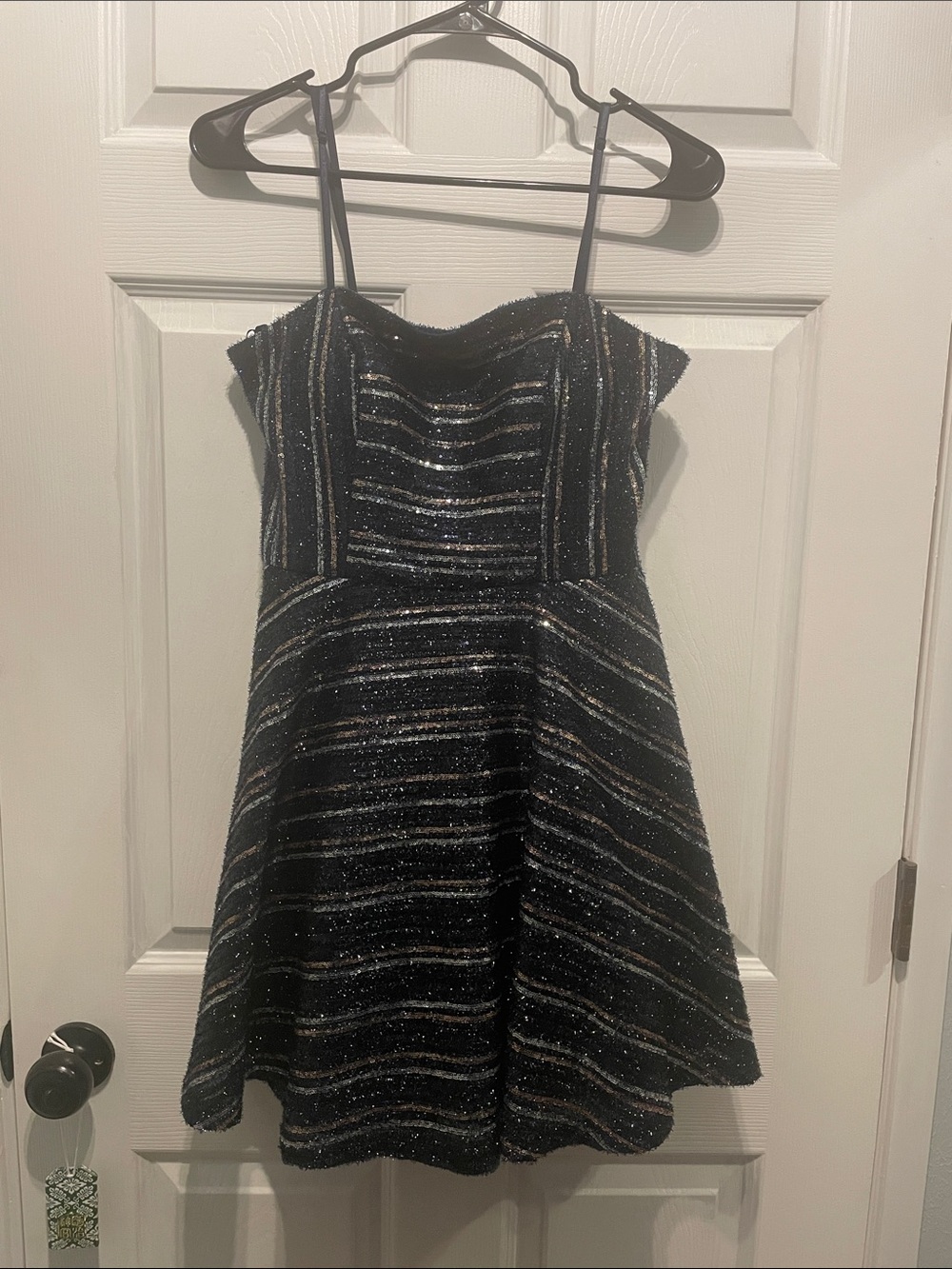 Girls Sparkle Striped A-Line Dress - Black with Silver Accents
